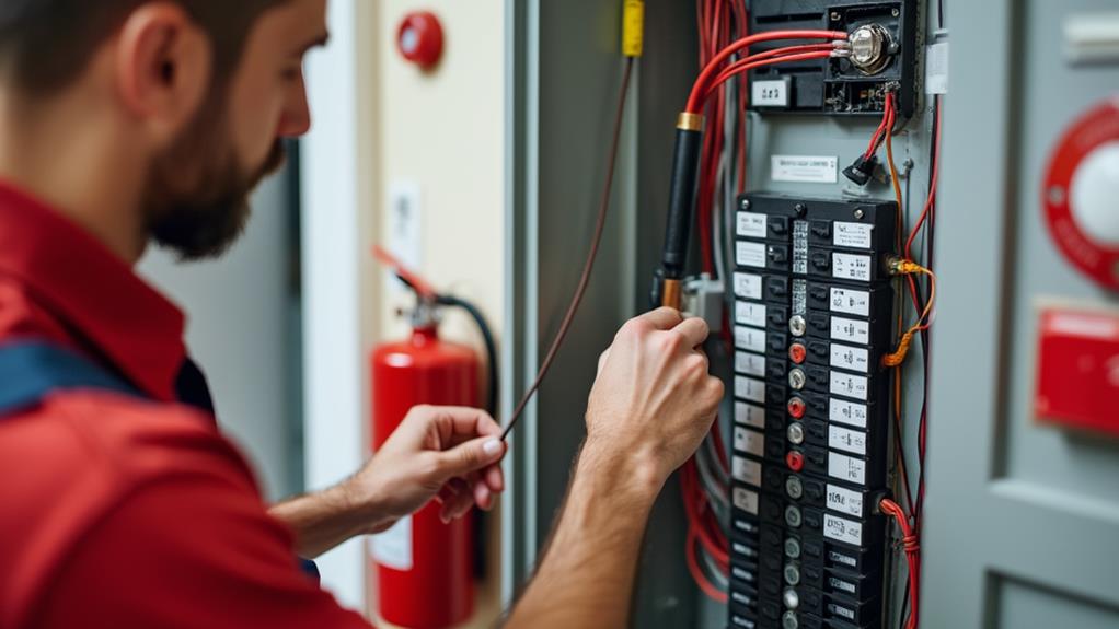 A fire extinguisher near an electrical outlet to prevent electrical fires.